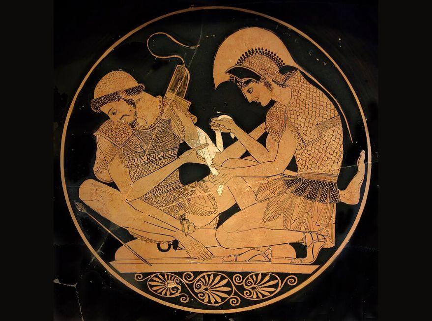 Achille pansant Patrocle. Kylix d'Étrurie, à figures rouges, du peintre de Sôsias. Vers 500 av. J-C. Staatliche Museen – Berlin