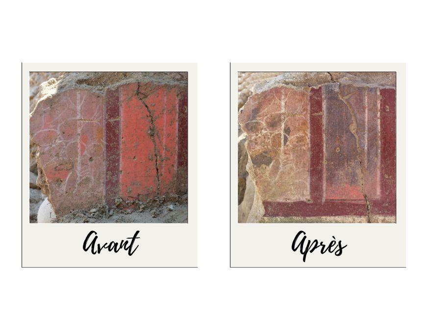 Obscurcissement de la couleur rouge de panneau décoratif après quelques jours d’exposition à la lumière sur le site archéologique de la Verrerie après le dégagement d’une paroi