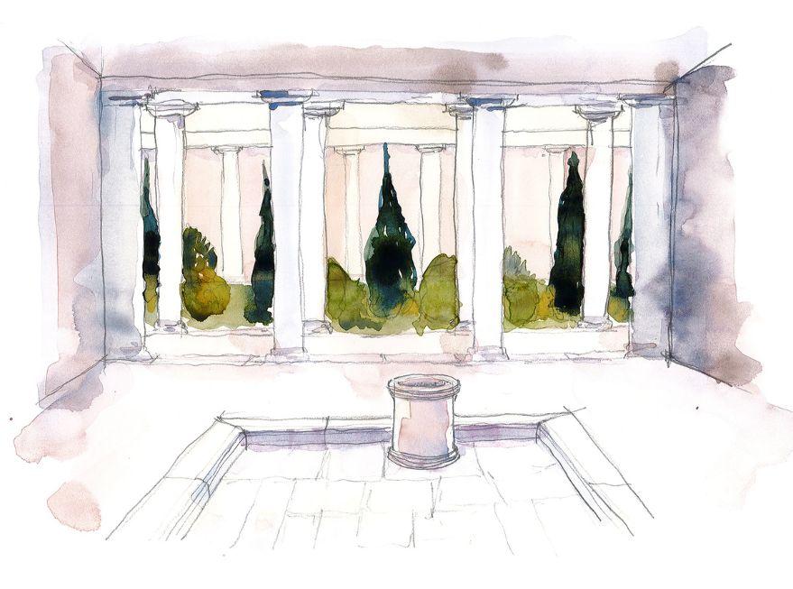 Croquis d’évocation de l’hypothétique jardin de la maison de la Harpiste, vu depuis l’atrium