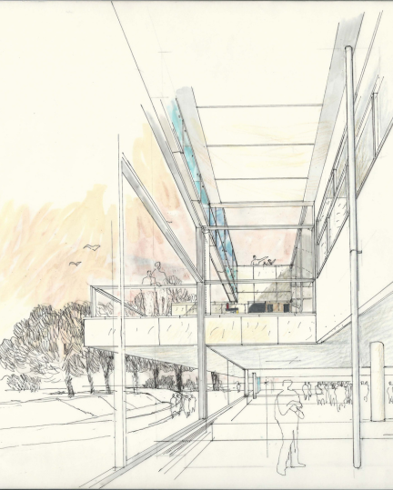 Musée de l'Arles antique, Arles (1983-1995). Coupe perspective sur la façade est, le hall d'accueil et la terrasse de la cafétéria, 13 mars 1990, 1er mai 1990
