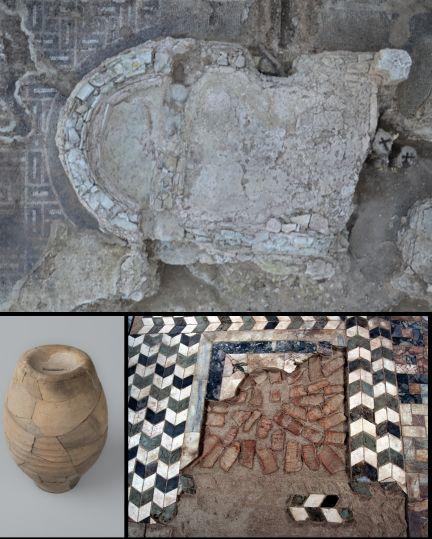 Verrerie, domus à la tirelire (fin IIe siècle) avec son bassin plaque de marbre entouré d'une mosaïque (2013), son sol en marbre (1983) et sa tirelire