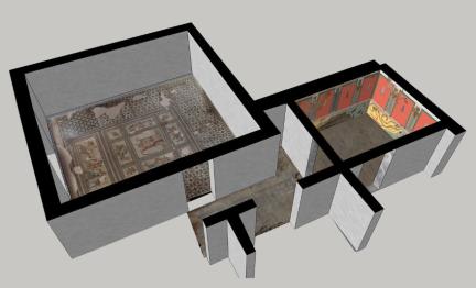 Domus d'Aiôn : vue axonométrique replaçant les différents éléments de décor de la maison, peintures et mosaïques