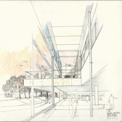 Musée de l'Arles antique, Arles (1983-1995). Coupe perspective sur la façade est, le hall d'accueil et la terrasse de la cafétéria, 13 mars 1990, 1er mai 1990
